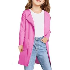 Haloumoning Girls Open Front Cardigan Casual Long Sleeve Knit Sweater Kids Fall Solid Cute Outerwear Coat, 13-14Y, Pink