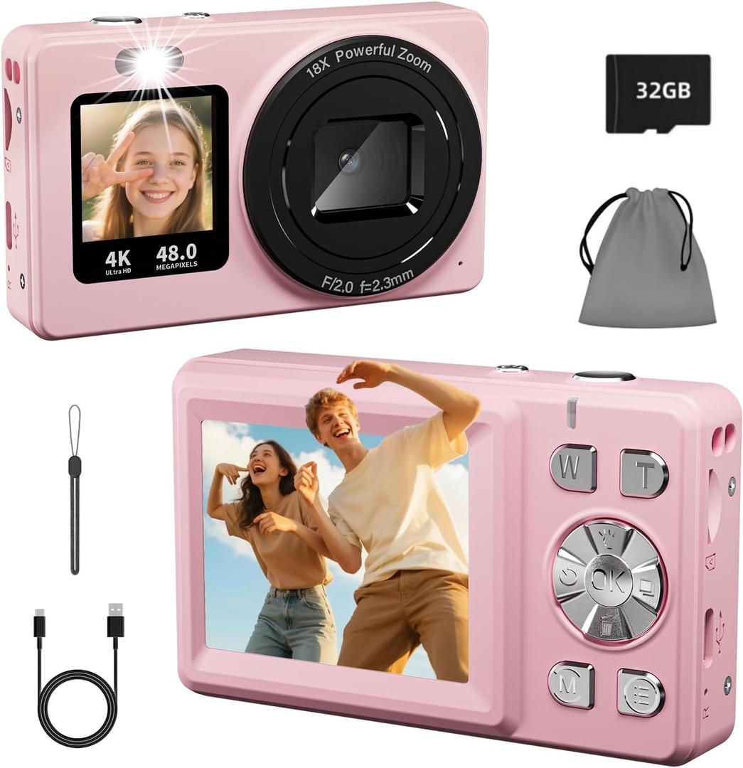 Digital Camera, 4K 48MP Autofocus Dual Screen for Selfies, 18X Zoom Fill Light, Portable Point and Shoot Travel Camera with 32GB SD Card for Kids, Teens, Girls, Boys- Pink