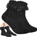Women's Ruffle Socks - Mid-Calf, Lace Ruffle Frilly Comfortable Cotton Princess Socks (Large, 1 Pair Black)