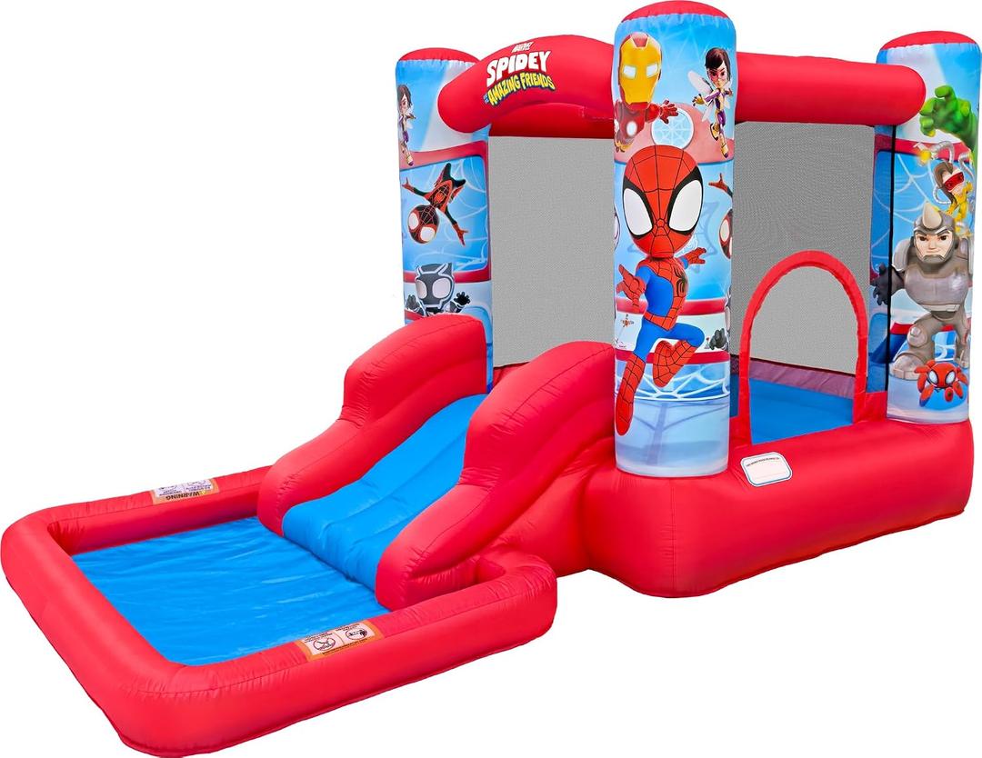 Funormous Spidey & Friends Bounce House Water Slide with Pool & Ball Pit, Inflatable Bouncer for Kids Ages 3–8 with Basketball Hoop, Water Misting System, Blower & Carry Bag