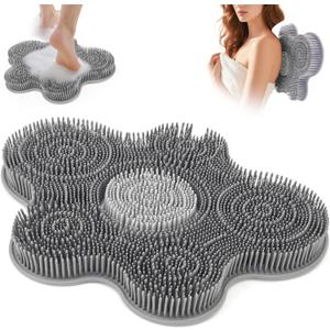 Shower Foot Scrubber Mat Silicone Back Exfoliating Cleaner, Feet Message Bath Washer Pad with Suction Cups for Wall Non-Slip - Itchy Toes Dead Skin Beauty Deep Clean Soft Bristles 14.2 * 11.2in Grey