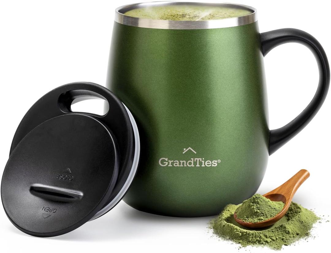 GRANDTIES Insulated Coffee Mug with Handle - Sliding Lid for Splash-Proof 16oz Wine-Glass Shape Thermal Tumbler with Double Walled Vacuum Stainless Steel to Keeps Beverages Hot or Cold-Green Metallic (15.6 Ounces)