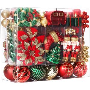 SHareconn 135pcs Christmas Balls Ornaments Set, Shatterproof Plastic Baubles, Ribbon and Tree Topper for Xmas Tree Holiday Wedding Party Decorations with Hanging Strings, Red, Green and Gold