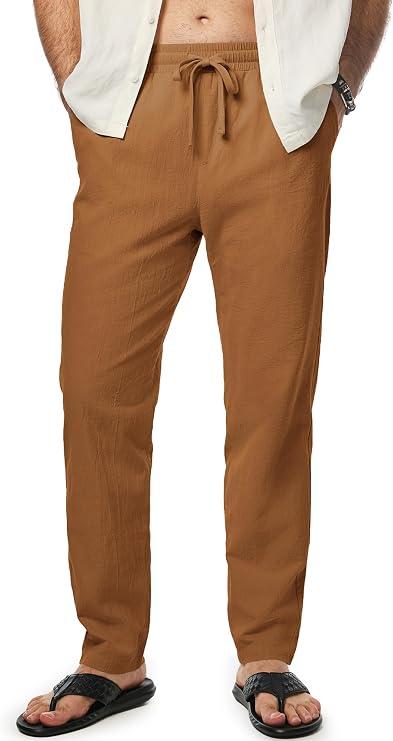JMIERR Mens 100% Cotton Pants Casual Elastic Waist Drawstring Lightweight Summer Beach Trousers with Pockets, 3XL