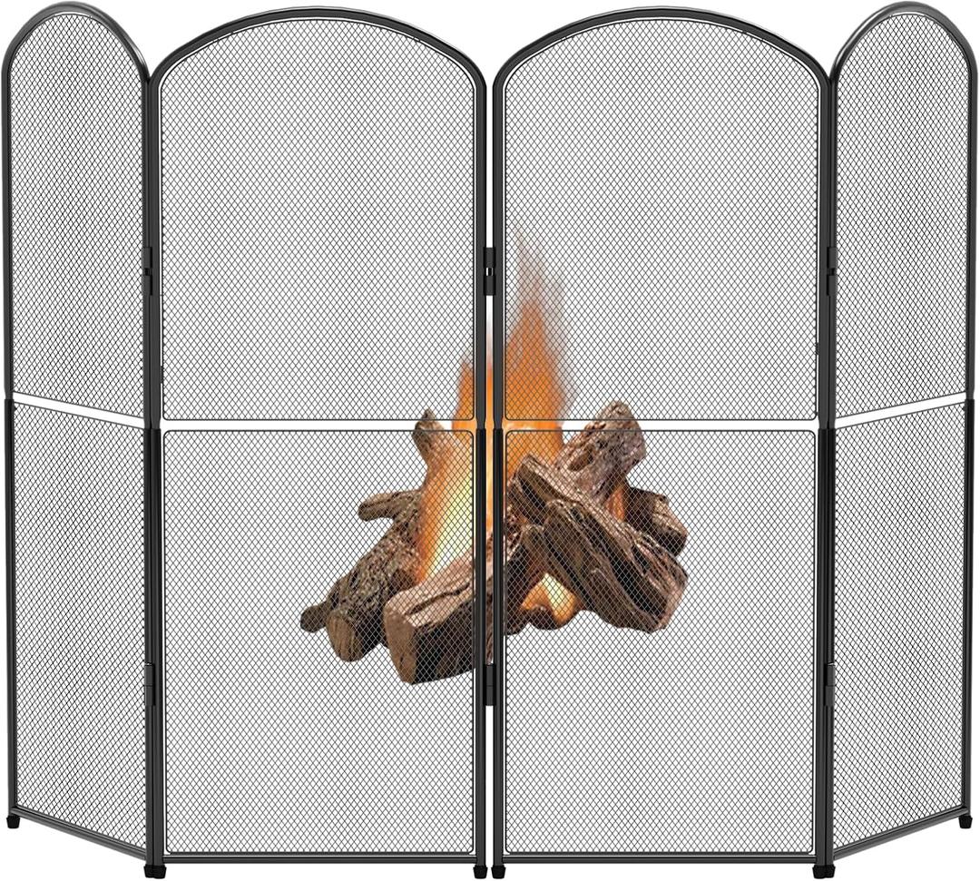 Fireplace Screen Stand Black 4 Panel Fireplace Cover Metal Fire Spark Guard Cover Foldable Decorative Fireplace Screen for Home Indoor Fireplace, Black (47.8" W x 31" H)