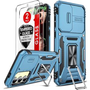 LeYi Compatible for Samsung S24-FE Case: S24FE Case with 2PCS Tempered Glass Screen Protector & Magnetic Metal Ring Stand, Camera Cover & Military-Grade Shockproof para S24 FE Cover, Light Blue (Galaxy S24 FE (6.7''))