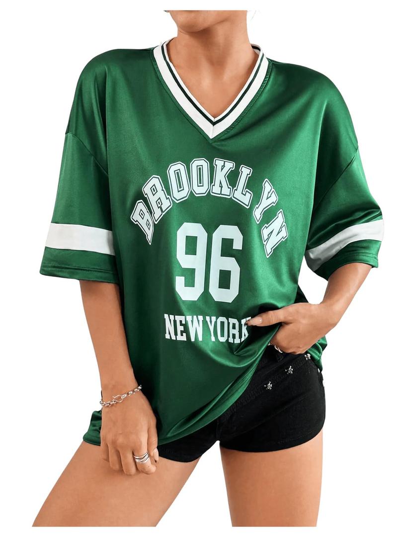 SOLY HUX Women's Jersey Shirts Letter Graphic Oversized Tees V Neck Half Sleeve Summer T Shirt Tops Green Letter Large