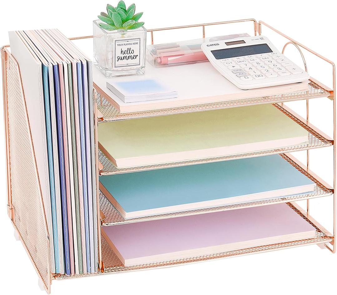 OPNICE 4-Tier Paper Organizer with Magazine Holder, Desk Organizers and Accessories, Office Desk Accessories & Workspace Organizers, Desktop File Organizer for Office Supplies Storage, Rose Gold (15" x 8.8" x 9.4")