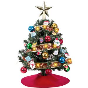 Small 2 FT Christmas Tree Decorations - Mini Christmas Table Top Tree Artificial, Xmas Desk 24 Inch Tree with Ribbon Lights, Ornament for Home Decor Indoor Office Holiday Tabletop Party (Green)