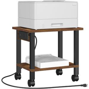 TUTOTAK 2 Tier Printer Stand, Rolling Printer Cart with Power Outlets and USB Ports, Mobile Printer Table with Wheels, for Under Desk, Office, Home,Brown PS01BB001 (2 tier(15.7 x 11.8 x 15.4inches))