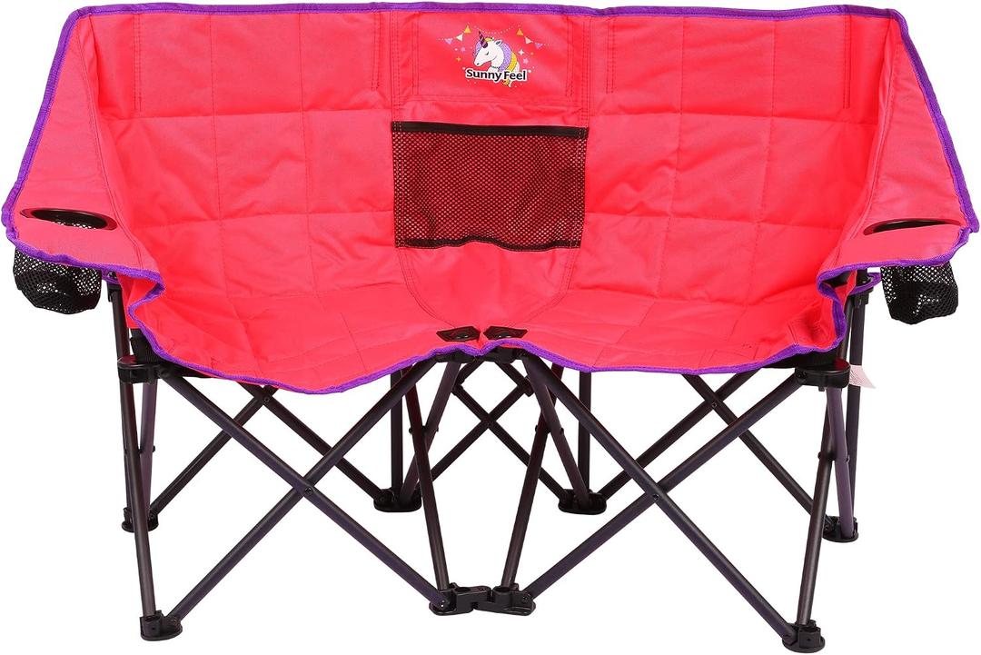 SUNNYFEEL Kids Folding Double Camping Chair, Portable Kids Camping Chairs 2 Seat Chair, Pink Padded Foldable Lawn Chairs with Cup Holder for Beach/Outdoor/Travel/Picnic, Foldable Camp Chairs 2 Person, 40 inches x 25 inches x 20 inches