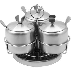 3pcs Revolving Sugar Bowl with Lid and Spoon, Stainless Steel Seasoning Condiment pots Rotating Spice Jar Set with Rack Spice Container for Home and Kitchen (3pcs Revolving Style)