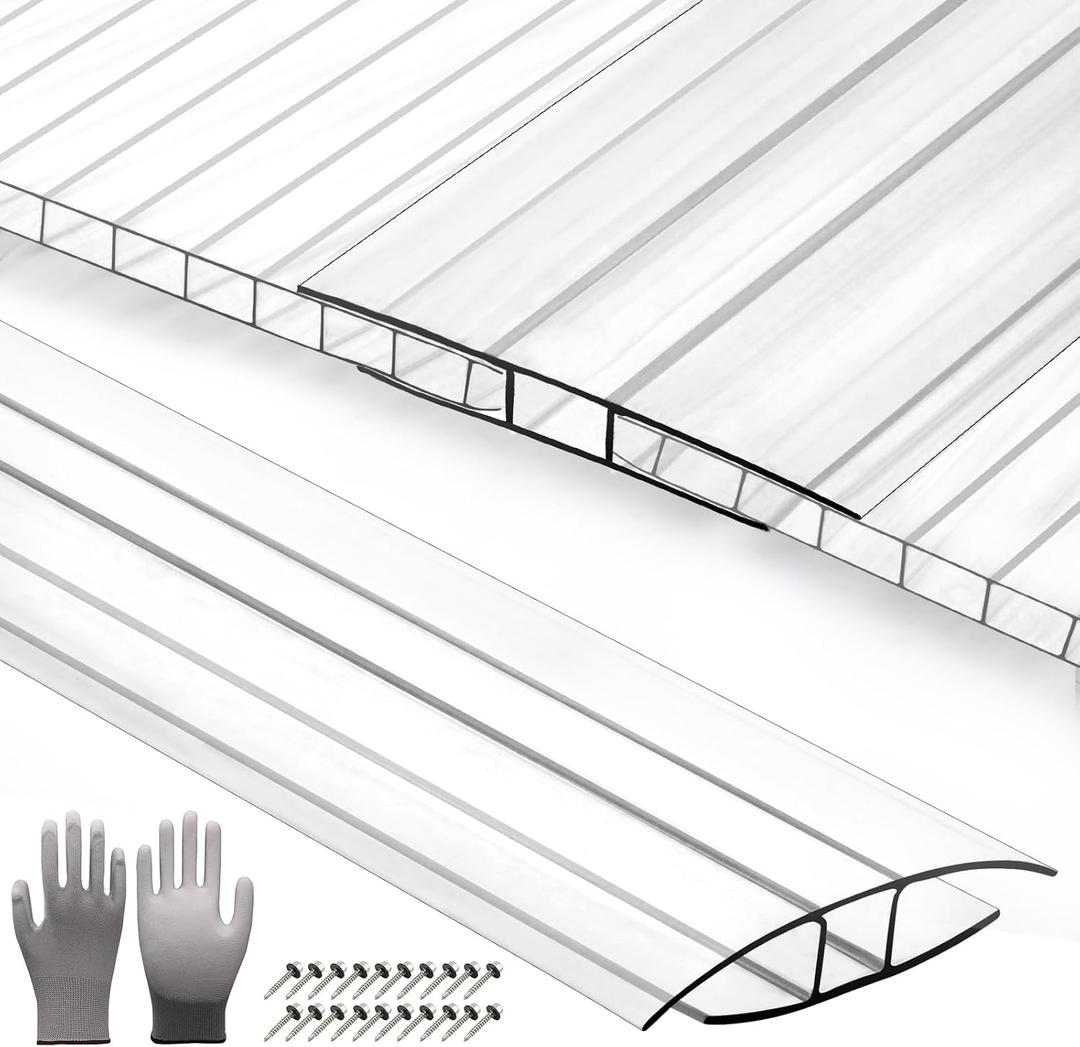 20-Pack 4ft Greenhouse Polycarbonate H-Channel Connectors, Heavy-Duty Twinwall Panel Joiners for 0.15 and 0.24 Panels, Weather Resistant Design, Includes 40 Screws and Work Gloves