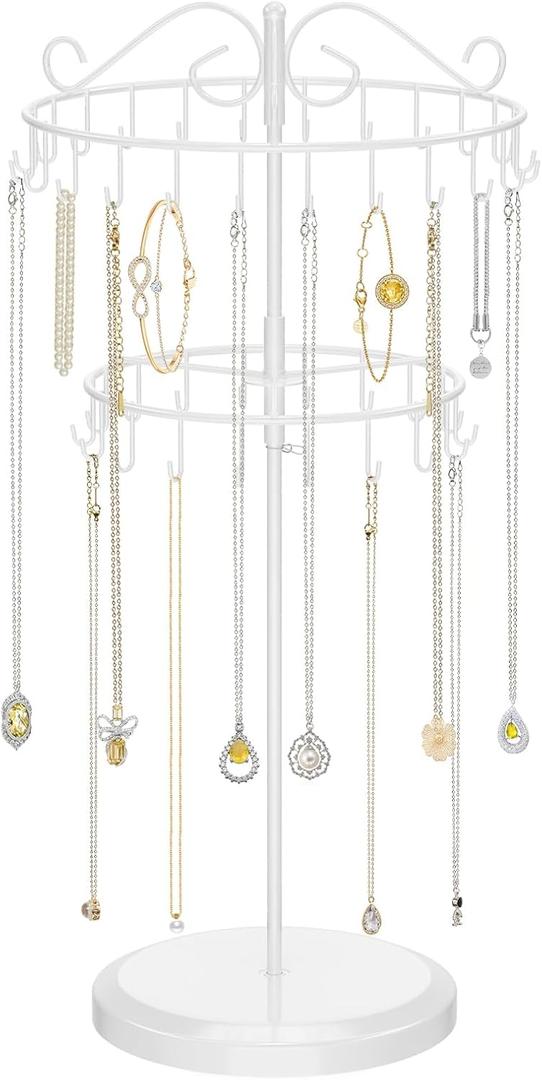 iDavosic.ly 2 Tier Rotating Necklace Holder Organizer with 42 Hooks, Adjustable Metal Bracelet Display Stand Rack, Extra Tall Keychain Spinning Tree Tower for Women, White