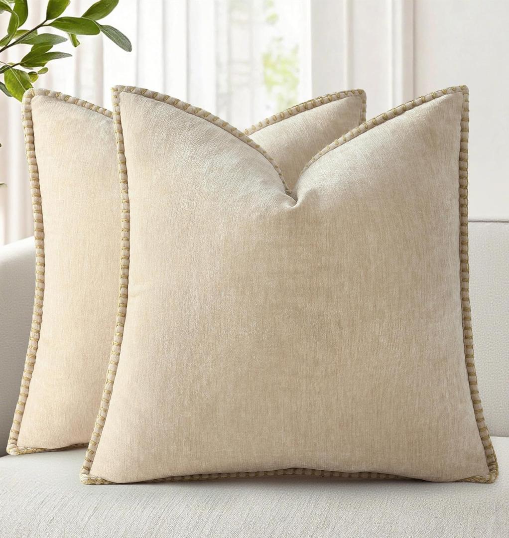 decorUhome Spring Chenille Soft Cozy Throw Pillow Covers 16x16 Set of 2, Modern Farmhouse Boho Velvet Decorative Pillow Cases with Stitched Edge for Couch Sofa Bed Home Decor, Beige
