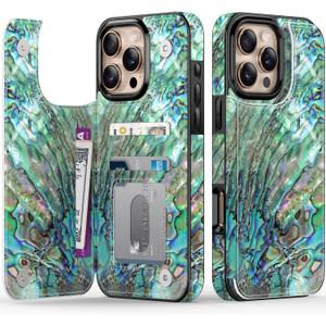 LETO for iPhone 16 Pro Wallet Case - Flip Folio Leather Kickstand - Fashionable Flower Designs - Credit Card Holder - Protective Phone Cover for Women and Girls - 6.3" - Green Oyster Shell