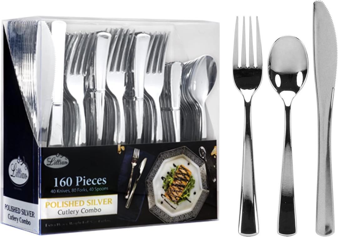 Plastic Cutlery Silverware Extra Heavyweight Disposable Flatware, Full Size Cutlery Combo, Polished Silver, 80 Forks, 40 Spoons, 40 Knifes, Value Pack 160 Count
