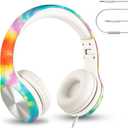LilGadgets Connect+ Pro Wired Kids Headphones for School with Mic, Volume Limit & Noise Reduction Over-Ear Headset with Cord, SharePort Technology & SoftTouch Padding, Tie Dye Rainbow