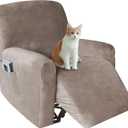4 Pieces Stretch Velvet Recliner Chair Covers, Thick & Soft Lazy Boy Recliner Slipcover for Home Theater Chair with Side Pocket Taupe One