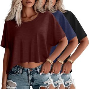Huukeay 3 Pack Oversized Cropped T Shirts for Women Casual Short Sleeves Crop Tops Crew Neck Irregular Hem Baggy Tees (Size X-Large, Wine Red, Navy Blue, Black)