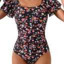 Eomenie Women's Tummy Control One Piece Swimsuit Ruffle Square Neck Bathing Suit Ruched Cutout Back Slimming Swimwear (Black, L)