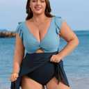 Charmo Plus Size Bathing Suit Women Cute Tie Swim Dress High Waisted Swimsuits Tummy Control Swimwear Blue Splicing 3X