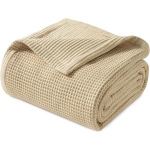 PHF Reversible Waffle & Muslin Blanket 100% Cotton 400GSM Queen Size 90" x 90", Breathable Lightweight and Soft, Luxury Aesthetic Waffle Gauze Blanket for Home Decor, Ideal Gift, Oak