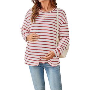 RoseSeek Women's Long Sleeve Crew Neck Maternity Sweatshirt Pullover Tops | Long Sleeve, Striped Print, Crewneck, Fall Outfits for Women (White, M)