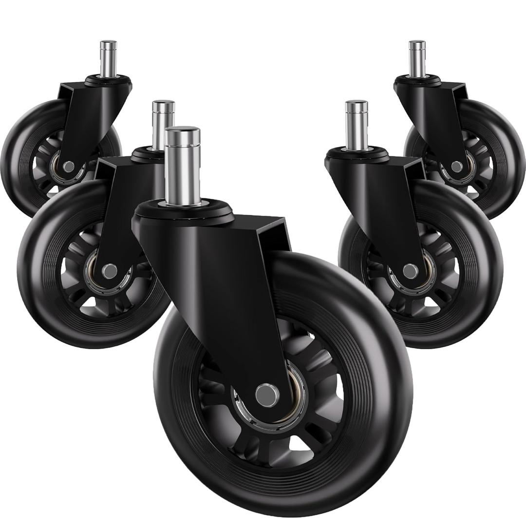 Office Chair Wheels Replacement Rubber Chair Casters for Hardwood Floors and Carpet, Set of 5, Heavy Duty Casters for Chairs Smooth & Silence Gliding Gaming Chair Wheels (All black)