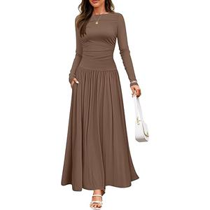 ZESICA Women's Long Sleeve Fall Maxi Dress 2026 Crewneck Knit Casual Slim Swing Pleated Dresses with Pockets Medium