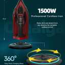Cordless Iron for Clothes - 1500W Steam Iron with Non-Stick Ceramic Soleplate, Rapid Heating, Auto Shut Off, Burst of Steam, Self-Clean, Anti-Drip, Anti-Calc, 3 Temperature Settings, Red