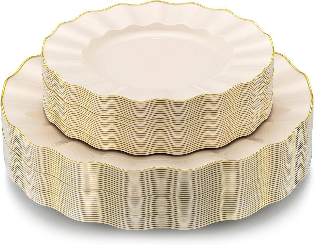 60Pcs Heavy Weight Ivory Plastic Plates with Gold Trim, Heavy Duty Wedding Plates, Elegant Disposable Plate Sets include 30 Dinner & 30 Dessert Plates for Party & Wedding(30 Guests)