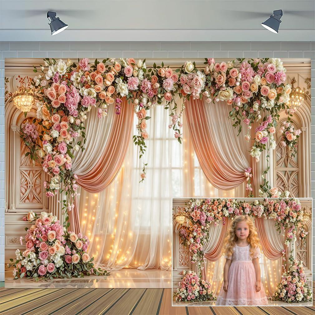 10X8ft Romantic Floral Wedding Backdrop Pink Flower Curtain Photography Background Anniversary Ceremony Bridal Shower Engagement Party Decor Photo Booth Props Wall Banner