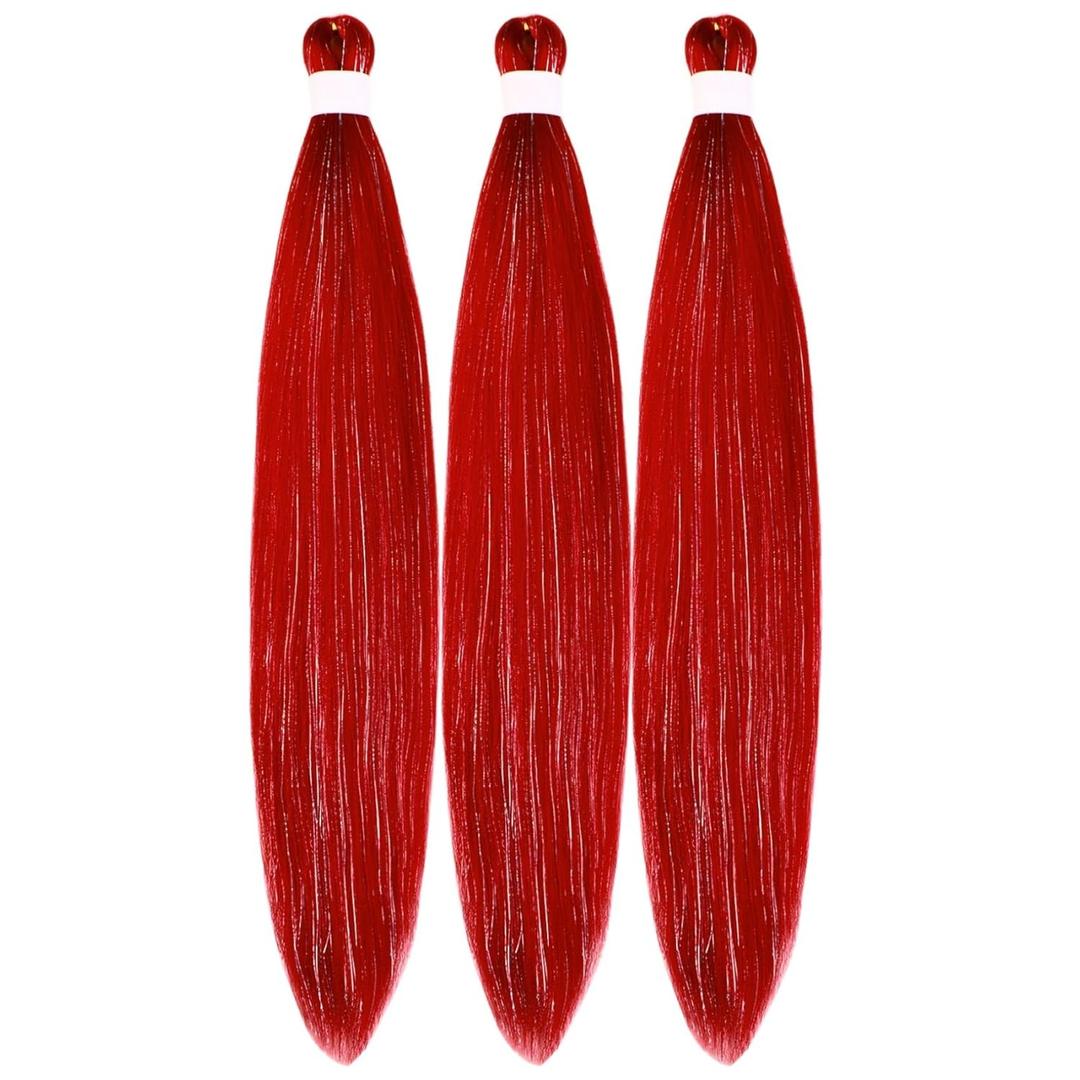Red Braiding Hair Pre stretched Glitter Tinsel Prestretched Hypoallergenic Ez braid Kids Knotless Twist Box Braids (26 Inch)