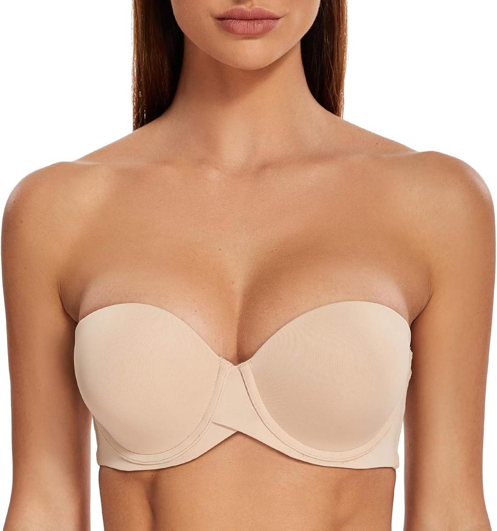 MELENECA Women's Stay Put Padded Cup with Lift Underwire Push Up Strapless Bras (36A, Beige)