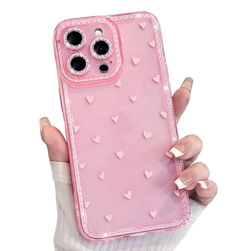 Lovmooful Compatible for iPhone 14 Pro Max Case Sparkly Cute Clear Heart with Glitter Bling Design Bumper Protector for Girls Women Soft TPU Shockproof Protective Girly for iPhone 14 Pro Max-Pink
