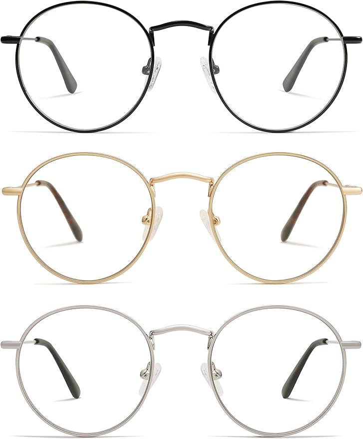 3-Pack Retro Round Reading Glasses for Men Women Trendy Blue Light Blocking Computer Readers Metal Frame AM6101. +2.50