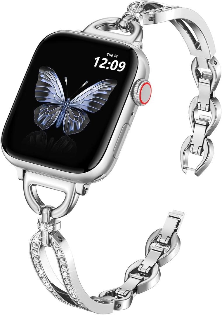 MOFREE Slim Band Compatible with Apple Watch Bands for Women 42mm/44mm/45mm/49mm/46mm (Series 11/10), Thin Metal Bracelet Band for iWatch SE/9/8/7/6/5/4/3/2/1, Dressy Women Strap Bands Silver