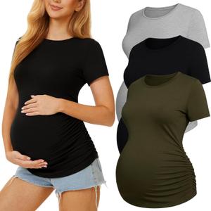 MIRAZEN 3 Pack Womens Maternity Shirts - Crew Neck Maternity Top Short Sleeve Pregnancy Tee Shirts, Black/Light Grey/Army Green, Small