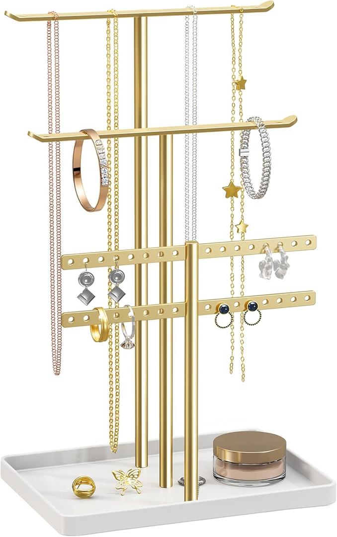 pickpiff Jewelry Stand Holder Organizer: 14.5" Sturdy Hanger for 80 Pcs Jewelry, Gift for Women, Gold Jewlery Tower for Necklace, Earring, Bracelet