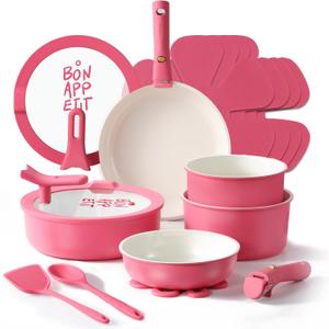 CAROTE 18Pcs Ceramic Cookware Set with Detachable Handle, Pots and Pans Set Non Stick, Non Toxic Kitchen Cooking Sets with Stand-Up Lid, PFAS and PFOA Free, Oven Safe, Induction Ready, Pink