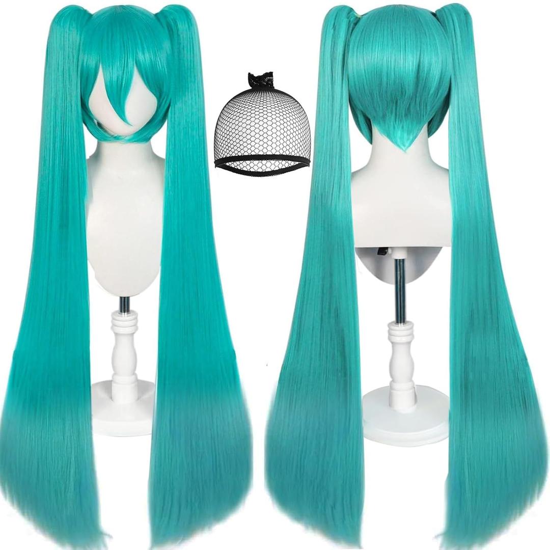 JoneTing 120CM/47inches Green Wigs+Hair Cap Long Greenish Wig with 2 Ponytails for Women Long Straight Green Wigs with Bangs for Cosplay Wig Synthetic Hair for Halloween Christmas Party