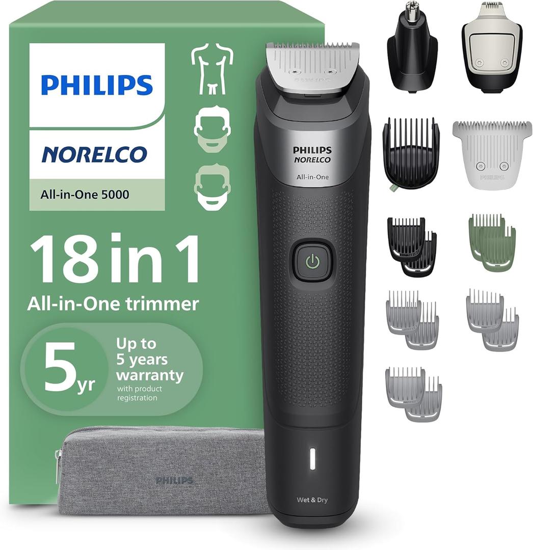 Philips Norelco All-in-One 18-Piece Trimmer 5000 Series - Shaver and Clipper for Face, Hair & Body, Self-sharpening Titanium Coated Blades, 16 Length Settings (0.5-16 mm), Wide Hair Clipper, MG5970/49 (Black)