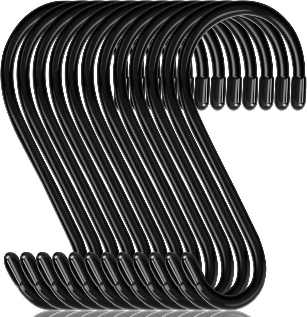 12-Pack 6-Inch S-Hooks, Large S-Hooks Vinyl-Coated Heavy-Duty S-Hooks for Hanging Non-Slip S-Hangers, Closet Hooks, Steel Metal Black Rubber S-Hooks for Hanging Plants, Clothes, Jeans, Pots, Pans, and Garden (6-Inch - 12-Pack)