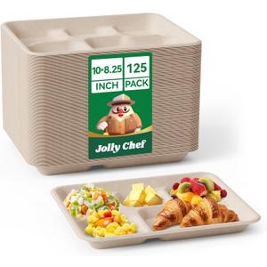 JOLLY CHEF Small Compostable 5 Compartment Paper Plates 10 * 8.25 * 1 inch 125 Pack Disposable Eco-Friendly Biodegradable Food Trays for Primary and Secondary School Students Lunch (Brown)