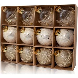 12PCS Champagne Gold Glitter Christmas Tree Ornaments  3.15 Shatterproof Baubles with Clear Sparkly Sequin & Star Accents, Holiday Ball Decorations for Xmas Tree, Party & Home Dcor (Champagne)