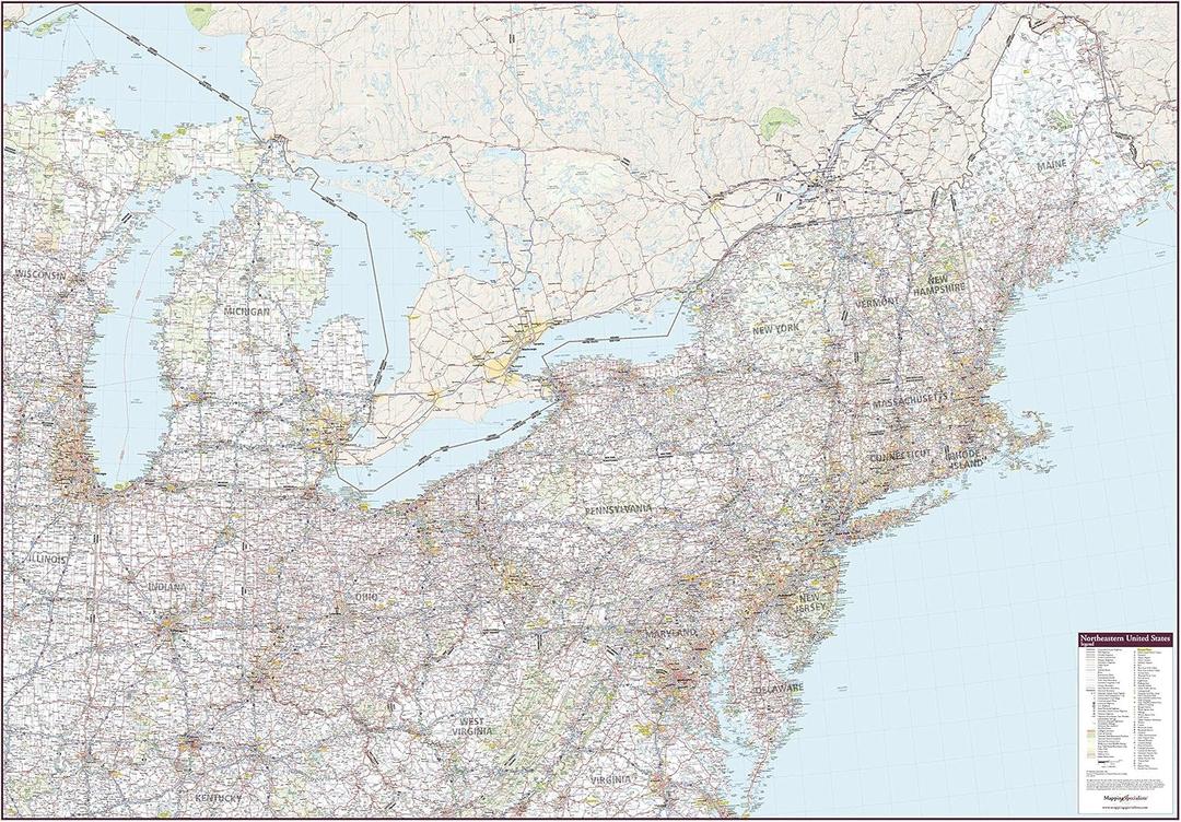 Mapping Specialists Northeastern United States Wall Map - 60" x 42" Laminated Full Color Road Map