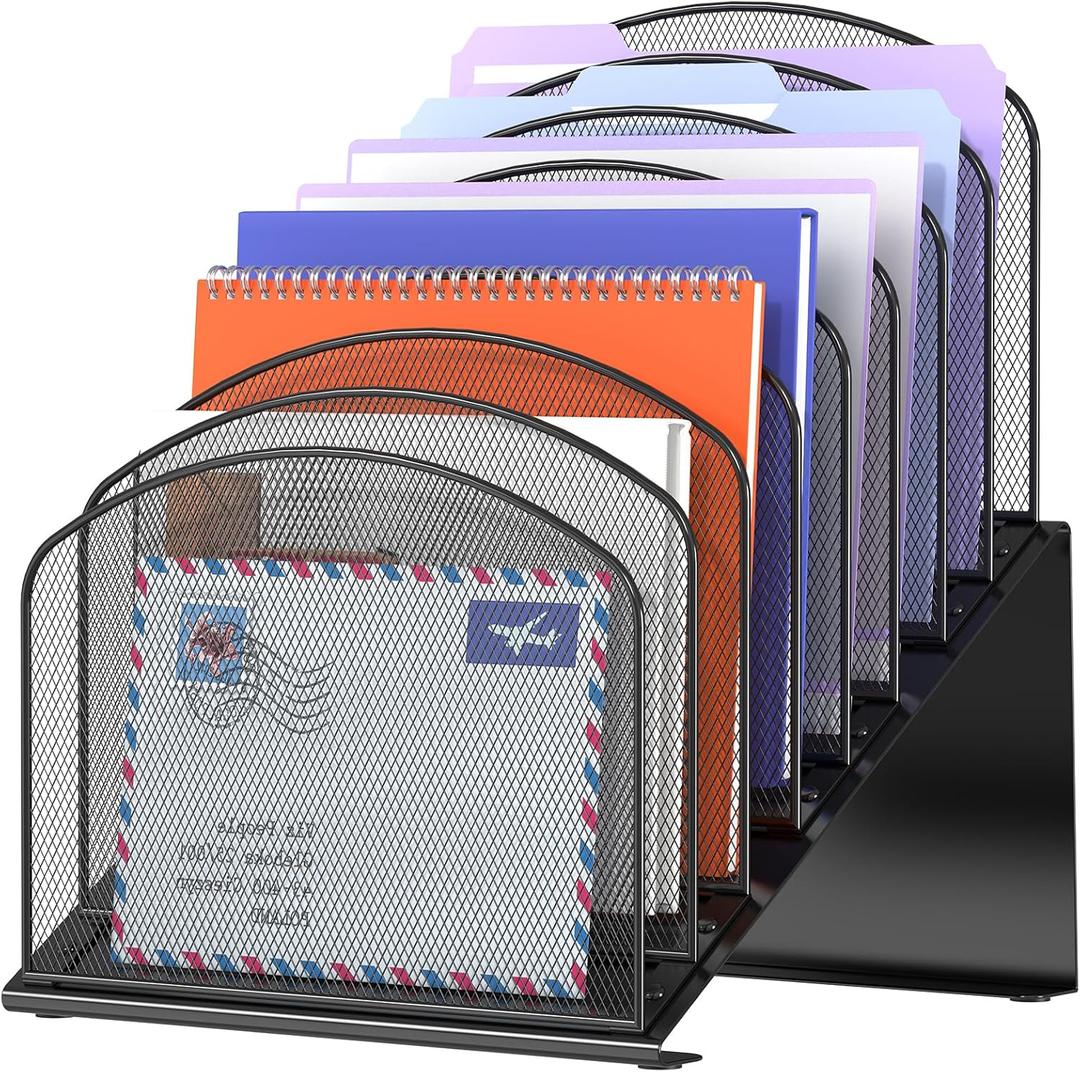 Inclined Desk File Organizer, 8-Section Upright Desk Organizer Standing File Sorter for Office Classroom Desktop Organization (Black)