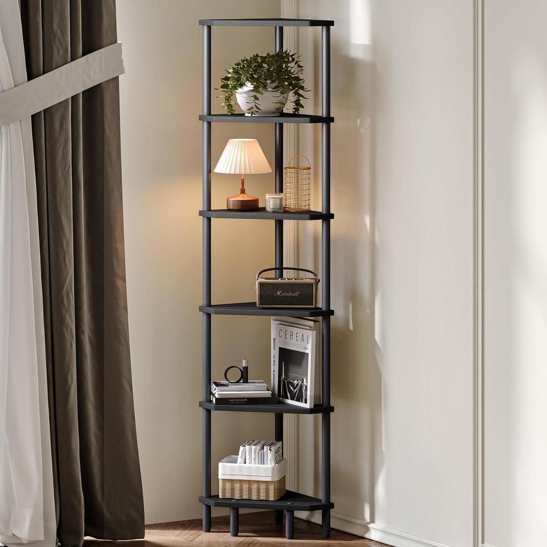 6 Tier Corner Shelf, 66.5'' Tall Standing Shelf, Narrow Display Shelf Stand, Modern Corner Bookshelf, Plant Stand, Corner Bookcase for Living Room, Bedroom, Bathroom, Black LCS502B
