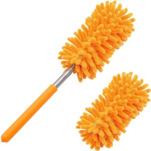 Microfiber Duster for Cleaning, Tukuos Hand Washable Dusters with 2pcs Replaceable Microfiber Head, Extendable Pole, Detachable Cleaning Supplies for Office, Car, Window, Furniture, Ceiling Fan (Orange)
